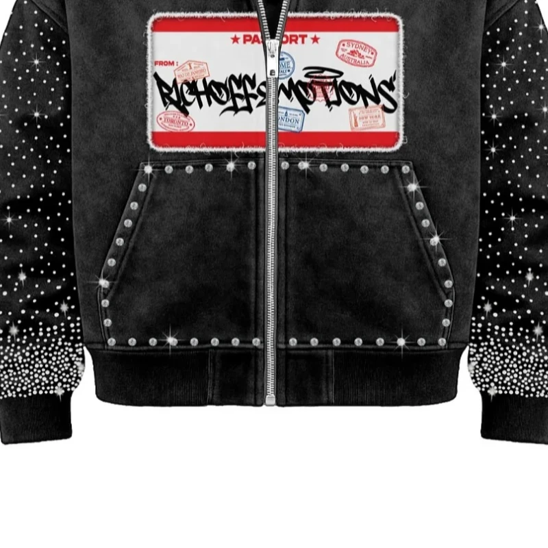 Y2K Retro Diamond Embroidered Logo Design Trendy Men Zipper Hoodie High Street Rock and Roll Goth Loose Hoodie for Men and Women