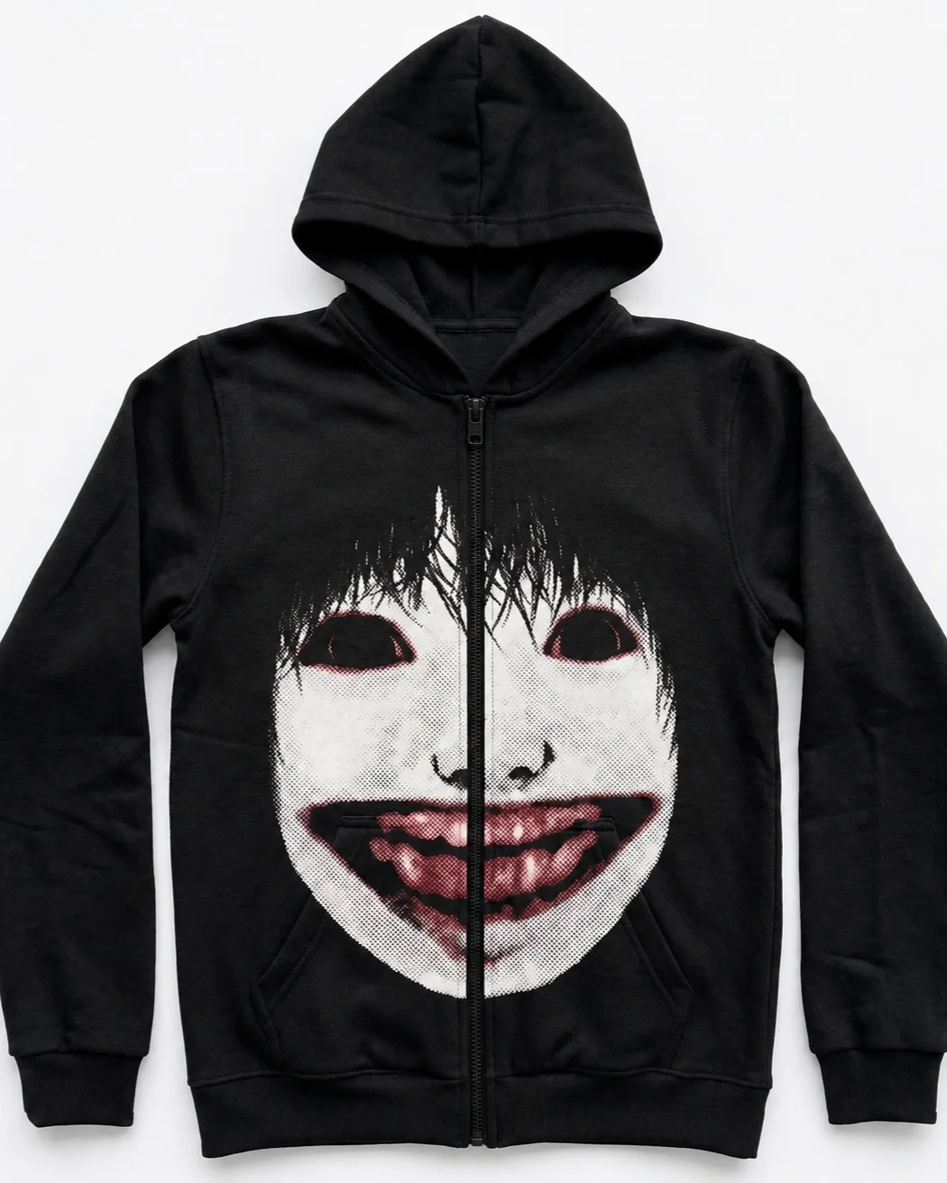 Men Gothic Horror Print Zip Up Hoodie Dark Anime Face Graphic Sweatshirt Y2K Harajuku Streetwear Outerwear Casual Black Tops