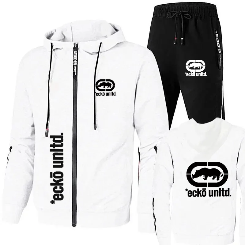 Men Ecko Unltd Rhinoceros Print Tracksuit Zip Hooded Sweatshirt Jogging Pants Casual Hip Hop Two Piece Sports Outfit Set