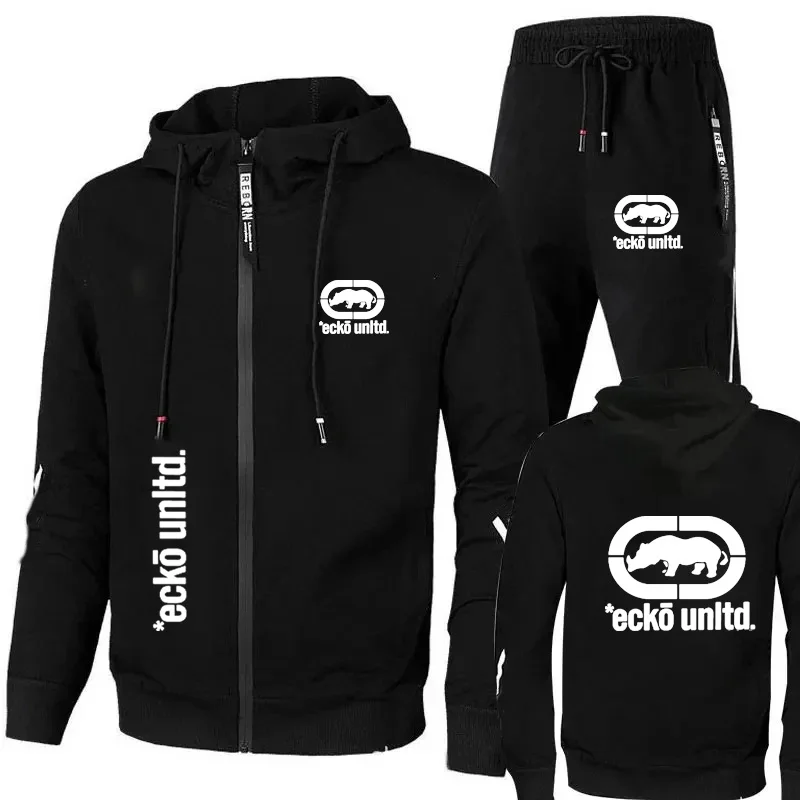 Men Ecko Unltd Rhinoceros Print Tracksuit Zip Hooded Sweatshirt Jogging Pants Casual Hip Hop Two Piece Sports Outfit Set