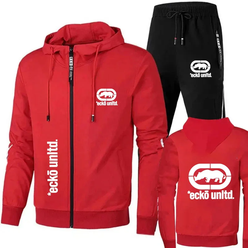 Men Ecko Unltd Rhinoceros Print Tracksuit Zip Hooded Sweatshirt Jogging Pants Casual Hip Hop Two Piece Sports Outfit Set