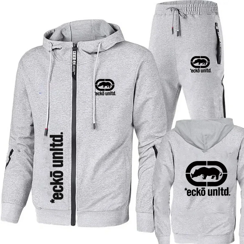 Men Ecko Unltd Rhinoceros Print Tracksuit Zip Hooded Sweatshirt Jogging Pants Casual Hip Hop Two Piece Sports Outfit Set