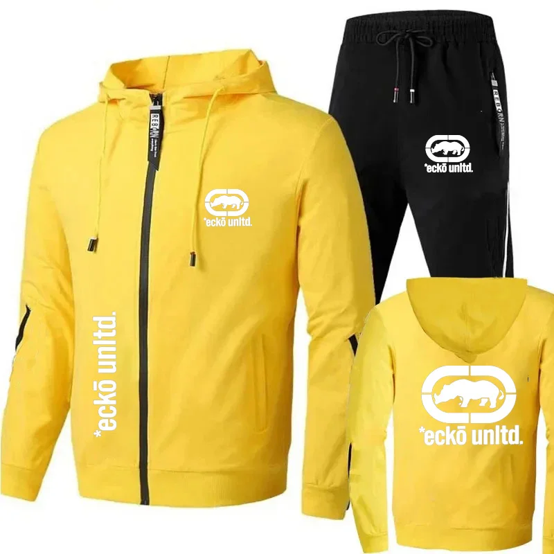 Men Ecko Unltd Rhinoceros Print Tracksuit Zip Hooded Sweatshirt Jogging Pants Casual Hip Hop Two Piece Sports Outfit Set