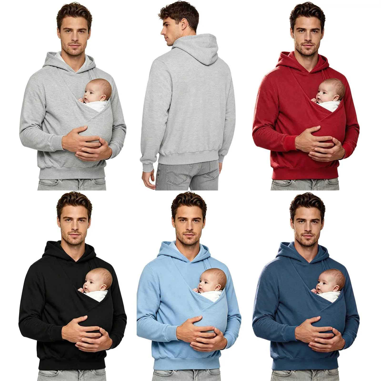 Mens Kangaroo Hoodie for Dad and Baby Carrier Solid Color Front Large Pouch Hooded Sweatshirt Casual Long Sleeve Pullover Top