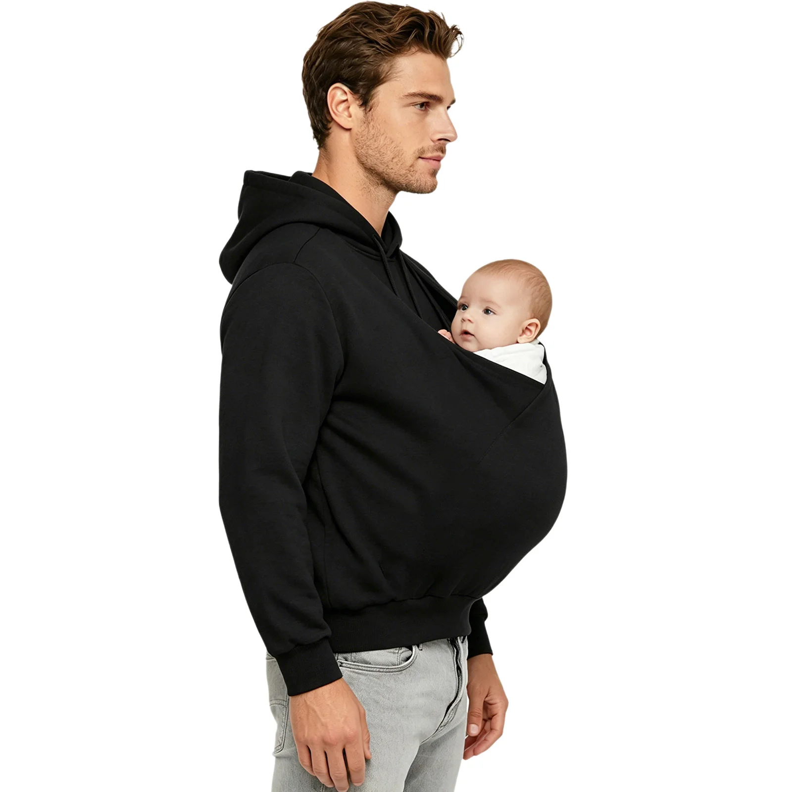 Mens Kangaroo Hoodie for Dad and Baby Carrier Solid Color Front Large Pouch Hooded Sweatshirt Casual Long Sleeve Pullover Top