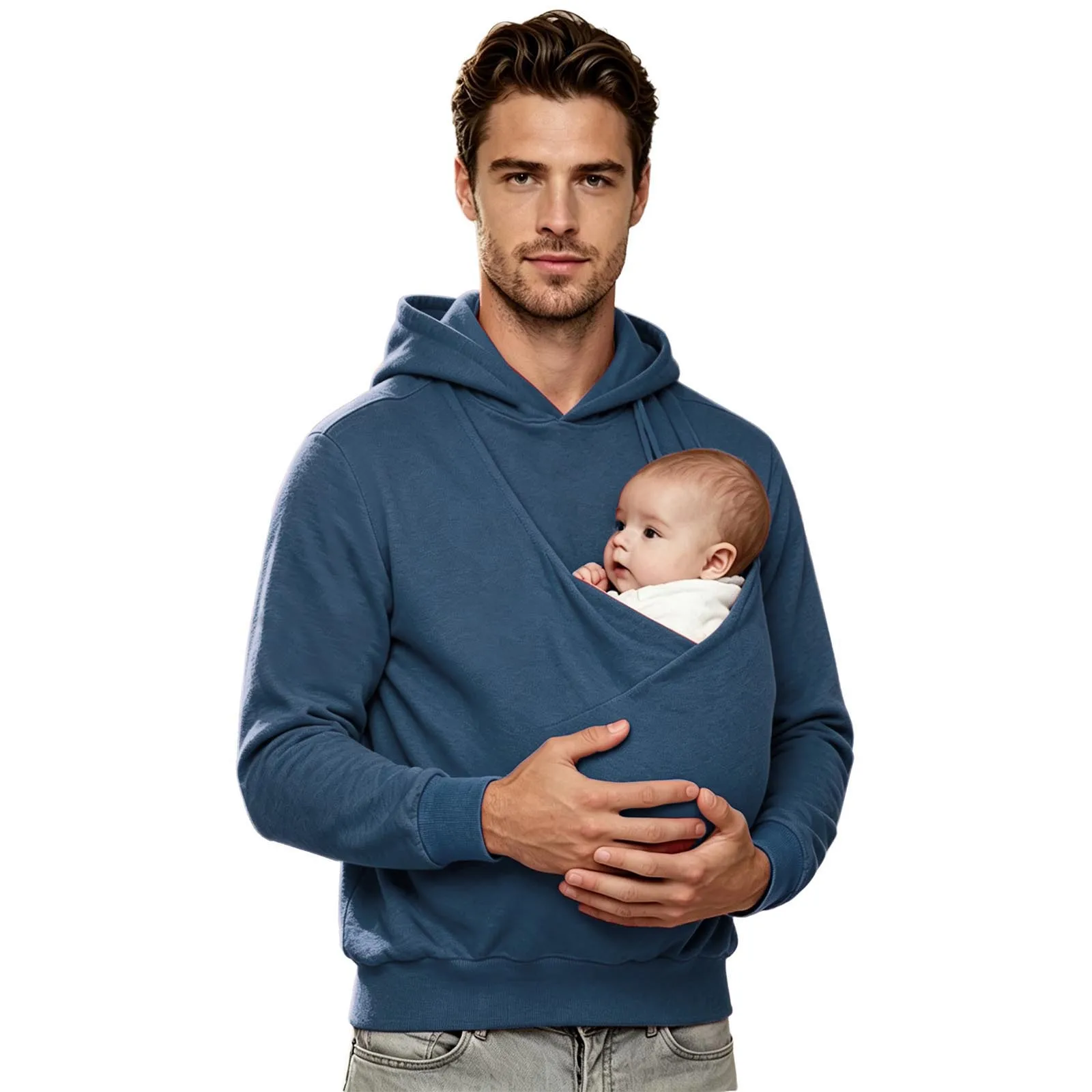 Mens Kangaroo Hoodie for Dad and Baby Carrier Solid Color Front Large Pouch Hooded Sweatshirt Casual Long Sleeve Pullover Top