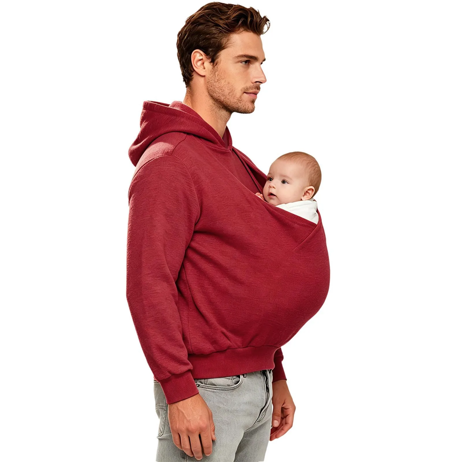 Mens Kangaroo Hoodie for Dad and Baby Carrier Solid Color Front Large Pouch Hooded Sweatshirt Casual Long Sleeve Pullover Top