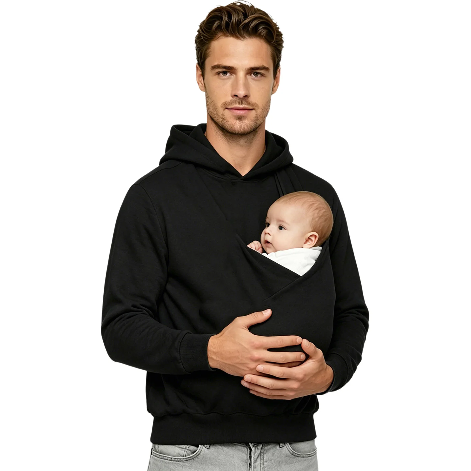Mens Kangaroo Hoodie for Dad and Baby Carrier Solid Color Front Large Pouch Hooded Sweatshirt Casual Long Sleeve Pullover Top