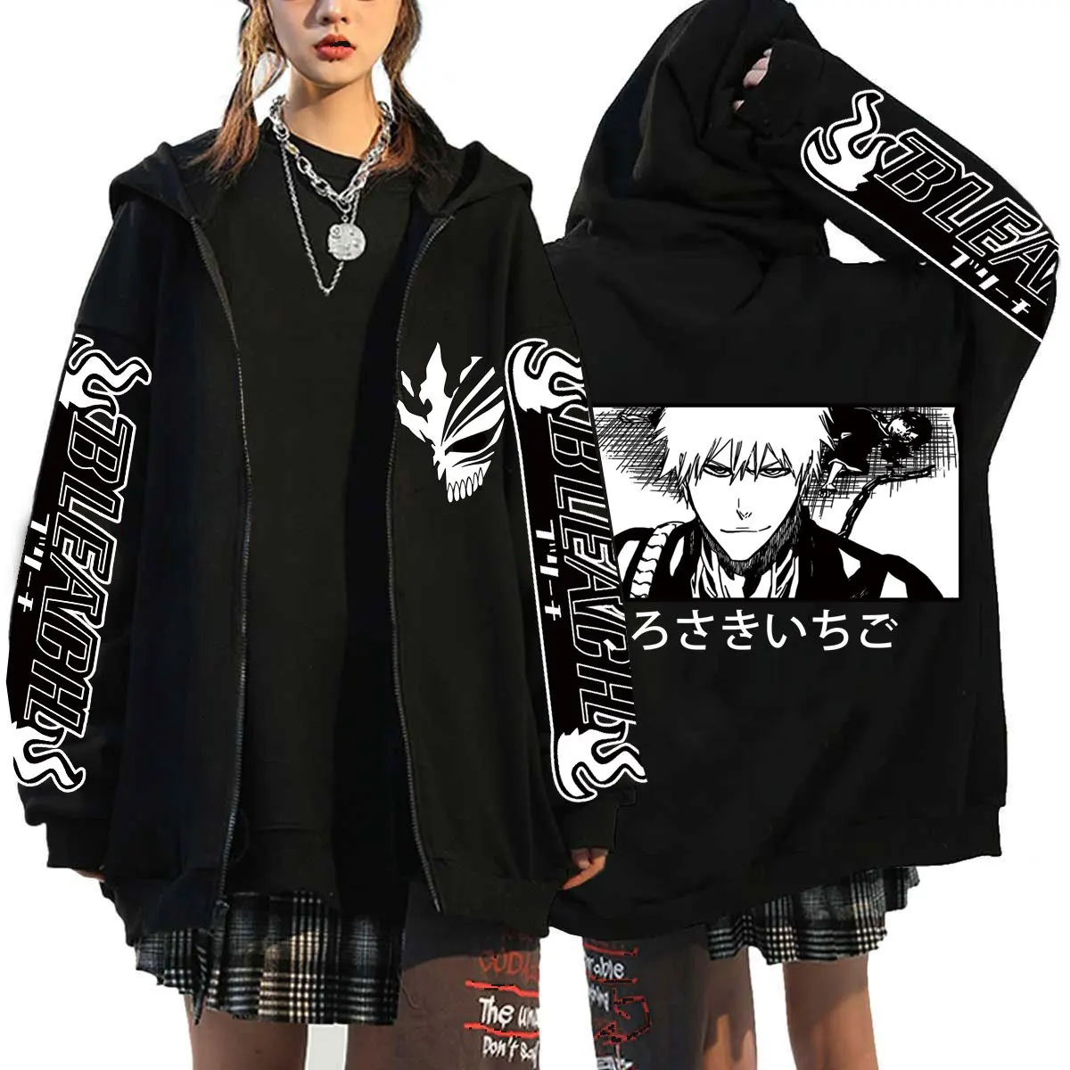 Kurosaki Ichigo Graphic Printed Hooded Anime Bleach Streetwear Men Women Zipper Hoodies Casual Sweatshirt Harajuku Zip Up Jacket