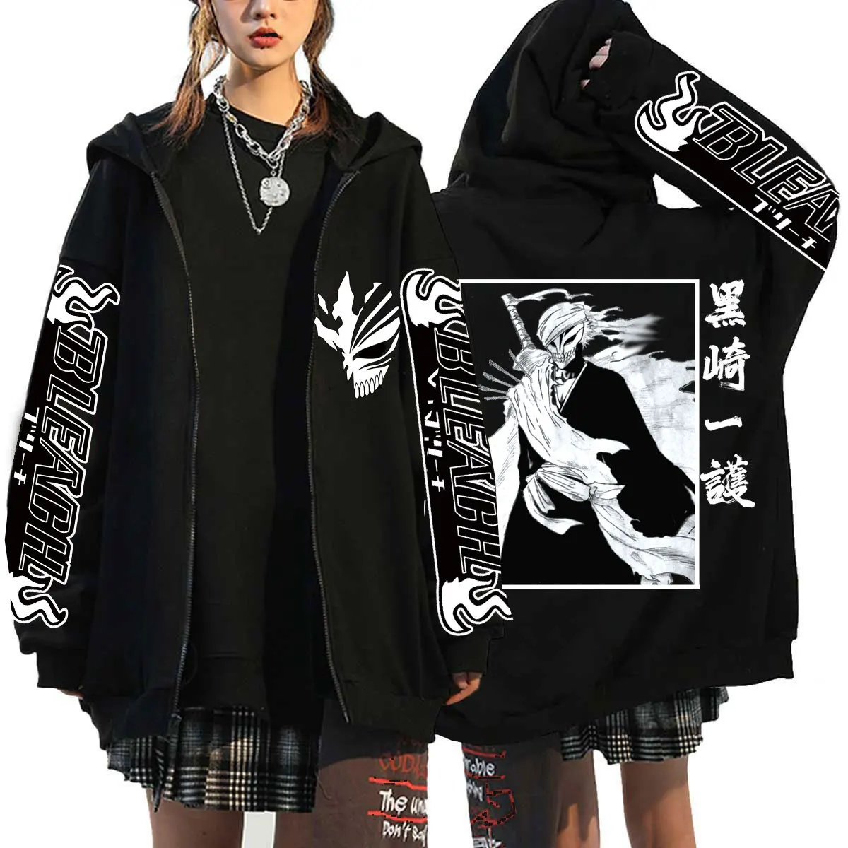 Kurosaki Ichigo Graphic Printed Hooded Anime Bleach Streetwear Men Women Zipper Hoodies Casual Sweatshirt Harajuku Zip Up Jacket