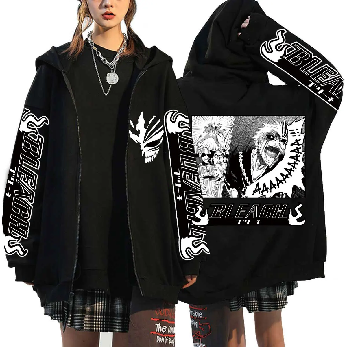 Kurosaki Ichigo Graphic Printed Hooded Anime Bleach Streetwear Men Women Zipper Hoodies Casual Sweatshirt Harajuku Zip Up Jacket
