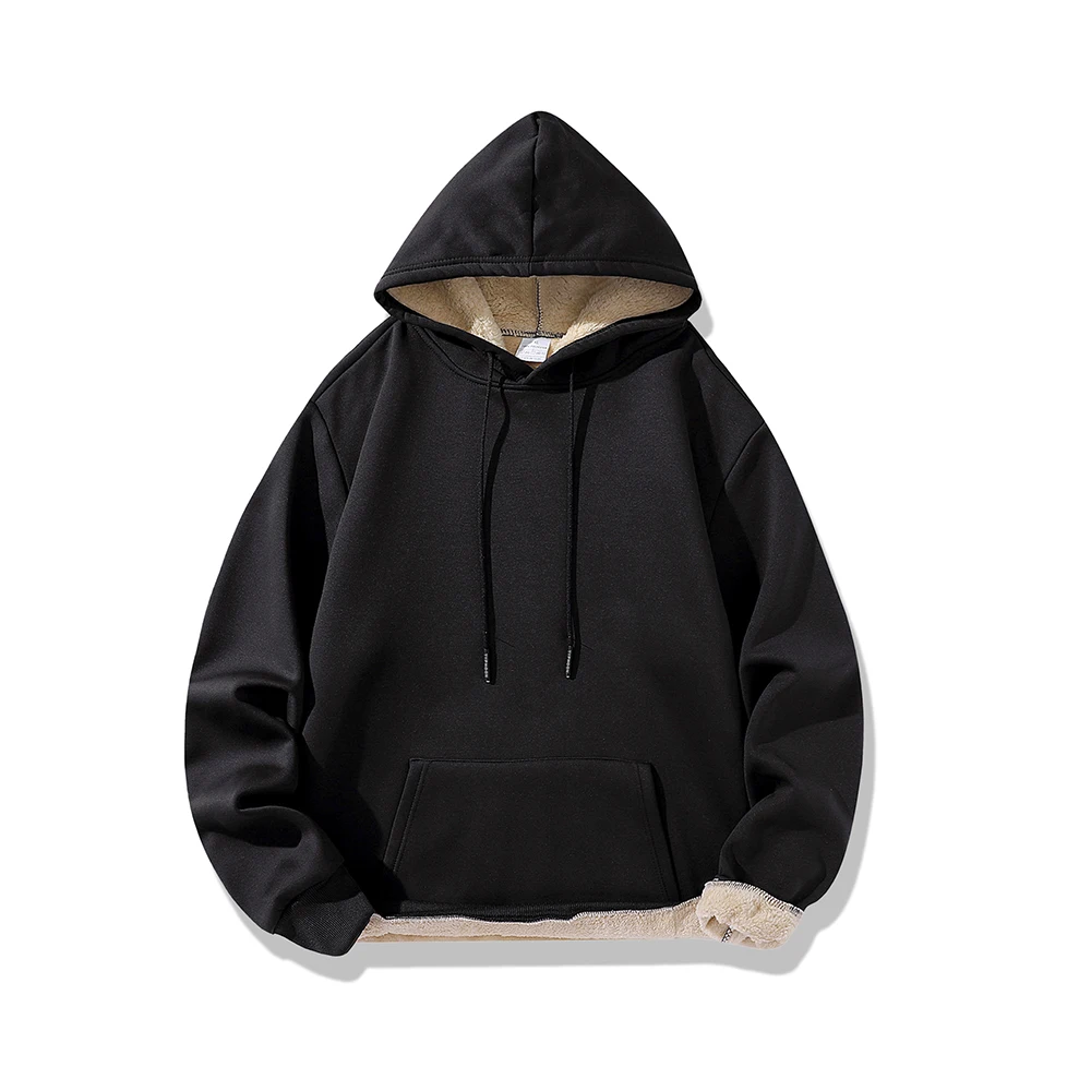 Winter Lambswool Hoodies Thicken Warm Windproof Sweatshirts Print Hooded Pullover Loose Men Women Winter Hoodies Black