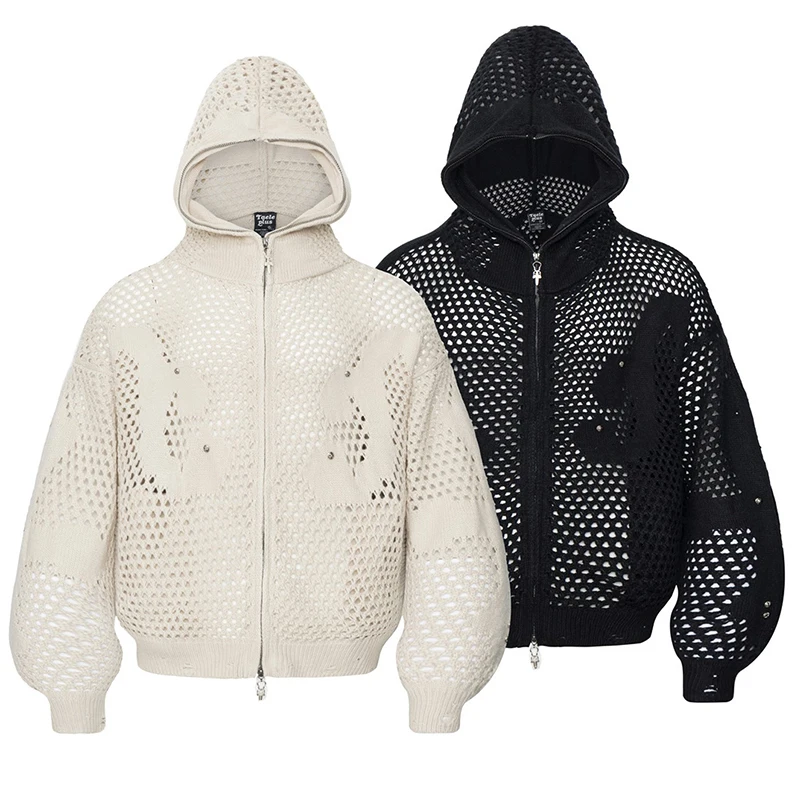 FEWQ American Style Dark Hooded Zipper Men's Knitted Sweater Casual Hook Flower Hollow Sweater 2026 Autumn New 24W3799