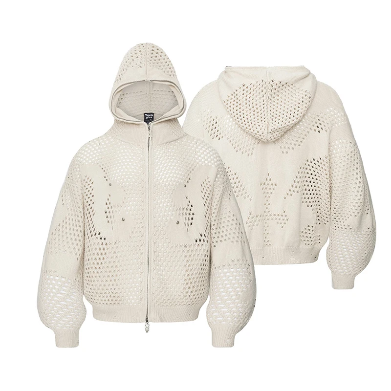 FEWQ American Style Dark Hooded Zipper Men's Knitted Sweater Casual Hook Flower Hollow Sweater 2026 Autumn New 24W3799