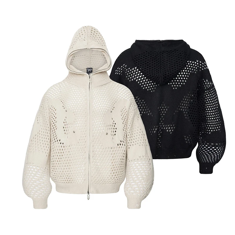 FEWQ American Style Dark Hooded Zipper Men's Knitted Sweater Casual Hook Flower Hollow Sweater 2026 Autumn New 24W3799