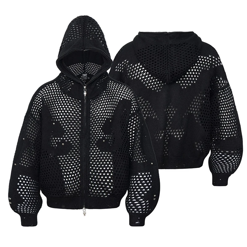 FEWQ American Style Dark Hooded Zipper Men's Knitted Sweater Casual Hook Flower Hollow Sweater 2026 Autumn New 24W3799