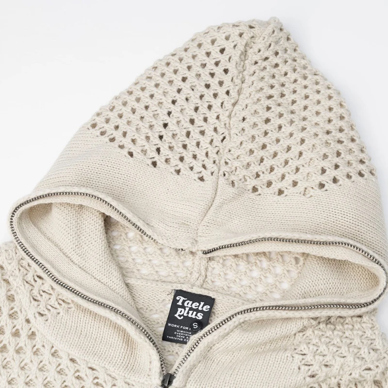FEWQ American Style Dark Hooded Zipper Men's Knitted Sweater Casual Hook Flower Hollow Sweater 2026 Autumn New 24W3799