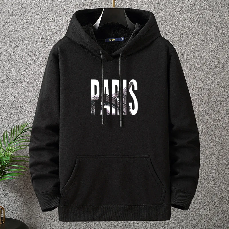 New Big Size Hoodie Men Winter Fleece Sherpa Lined Warm Hooded Shirt Male Cotton Print Letter Paris Plus Fat Extra Large Clothes