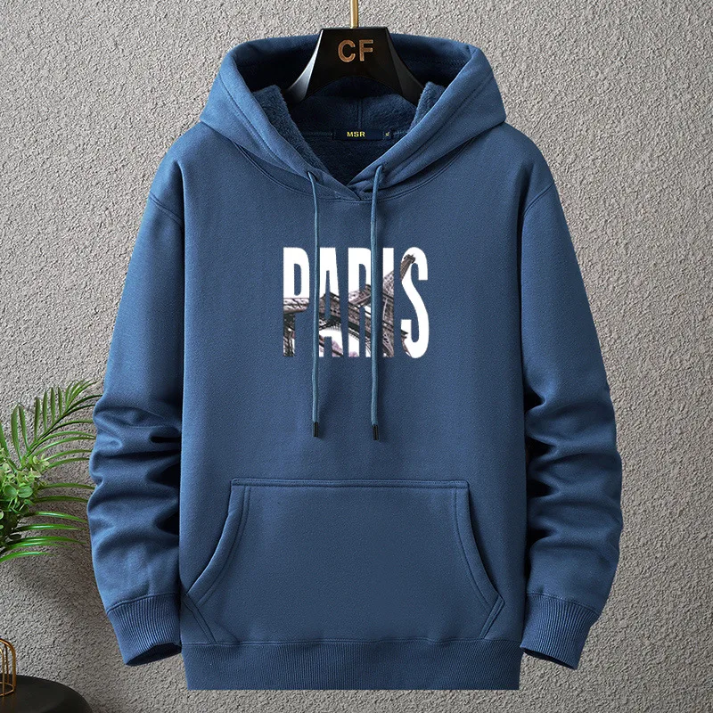 New Big Size Hoodie Men Winter Fleece Sherpa Lined Warm Hooded Shirt Male Cotton Print Letter Paris Plus Fat Extra Large Clothes