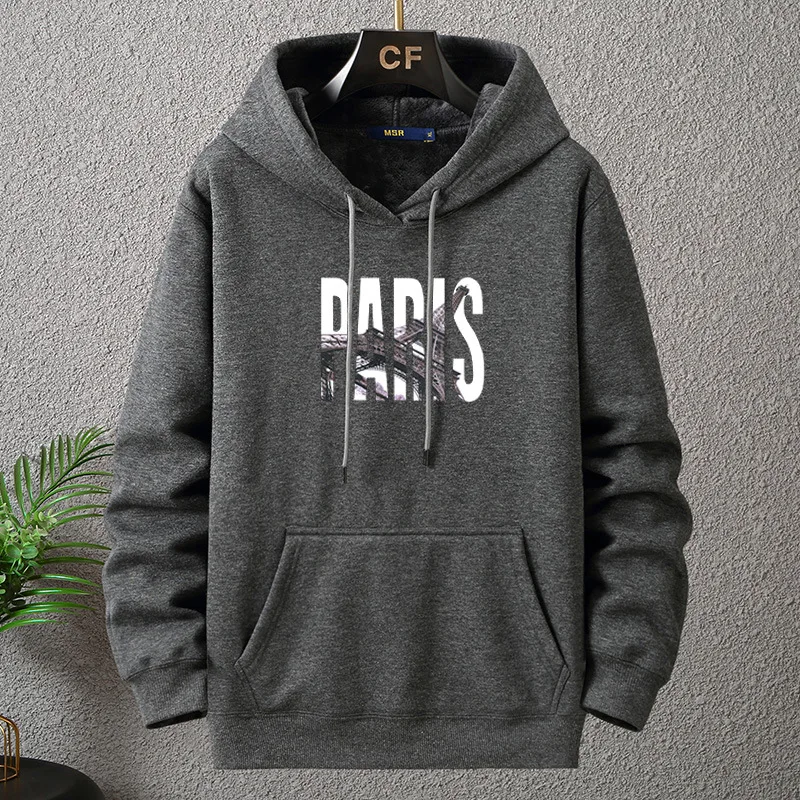 New Big Size Hoodie Men Winter Fleece Sherpa Lined Warm Hooded Shirt Male Cotton Print Letter Paris Plus Fat Extra Large Clothes