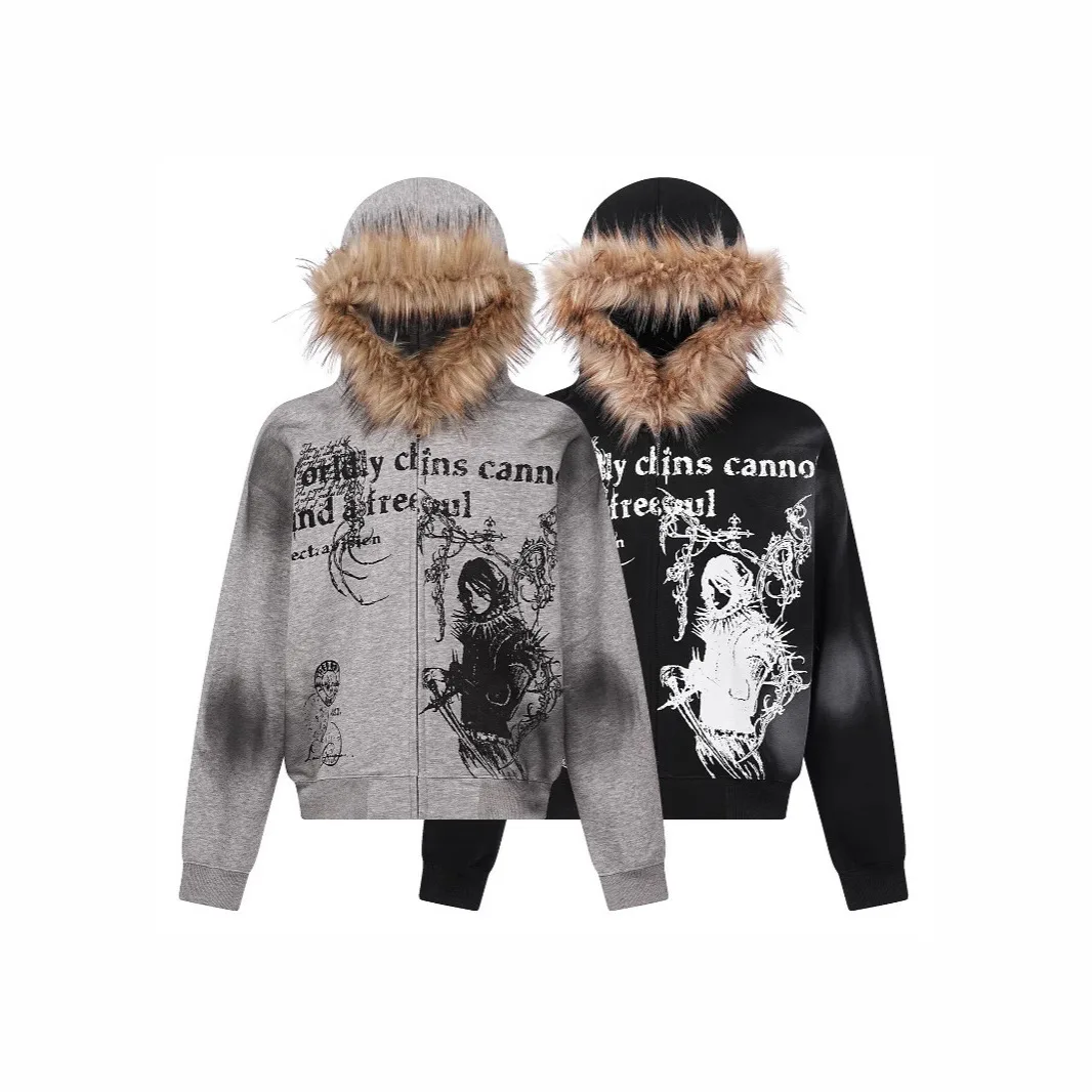 2025 Personalized Spray Painted Pattern Hooded Loose Casual Versatile Couple Style Hooded Sweatshirt Y2K, Paired with a Fringed
