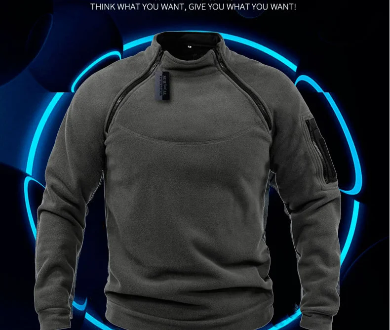 Men's Polar Fleece Outdoor Warm Breathable Tactical Zipper Standing Neck Long Sleeves Casual Solid Color Sweatshirt