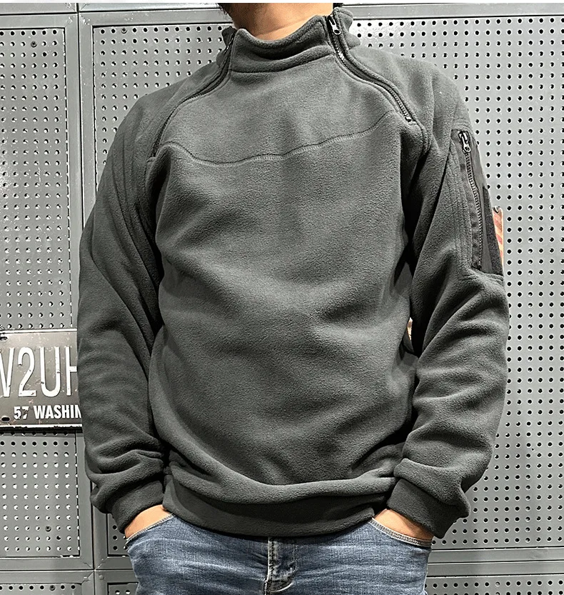 Men's Polar Fleece Outdoor Warm Breathable Tactical Zipper Standing Neck Long Sleeves Casual Solid Color Sweatshirt