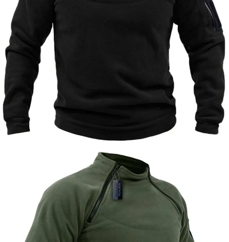 Men's Polar Fleece Outdoor Warm Breathable Tactical Zipper Standing Neck Long Sleeves Casual Solid Color Sweatshirt