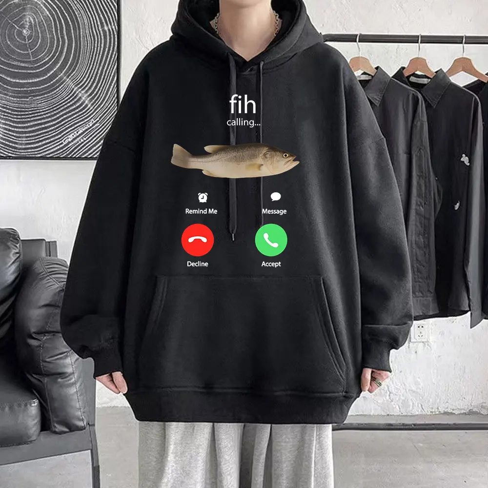 Fih Calling Remind Me Message Decline Accept Phone Call Fish Hoodies Funny Fishman Outfit Sweatshirt Men Women Fleece Pullovers