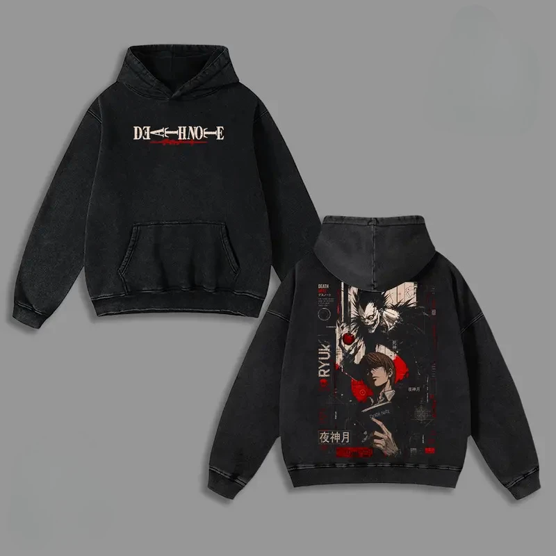 Hot Anime DEATH NOTE Yagami Light Ryuk Print Hooded Men Women Cotton Hoodies Retro Washed Sweatshirt Harajuku Casual Streetwear