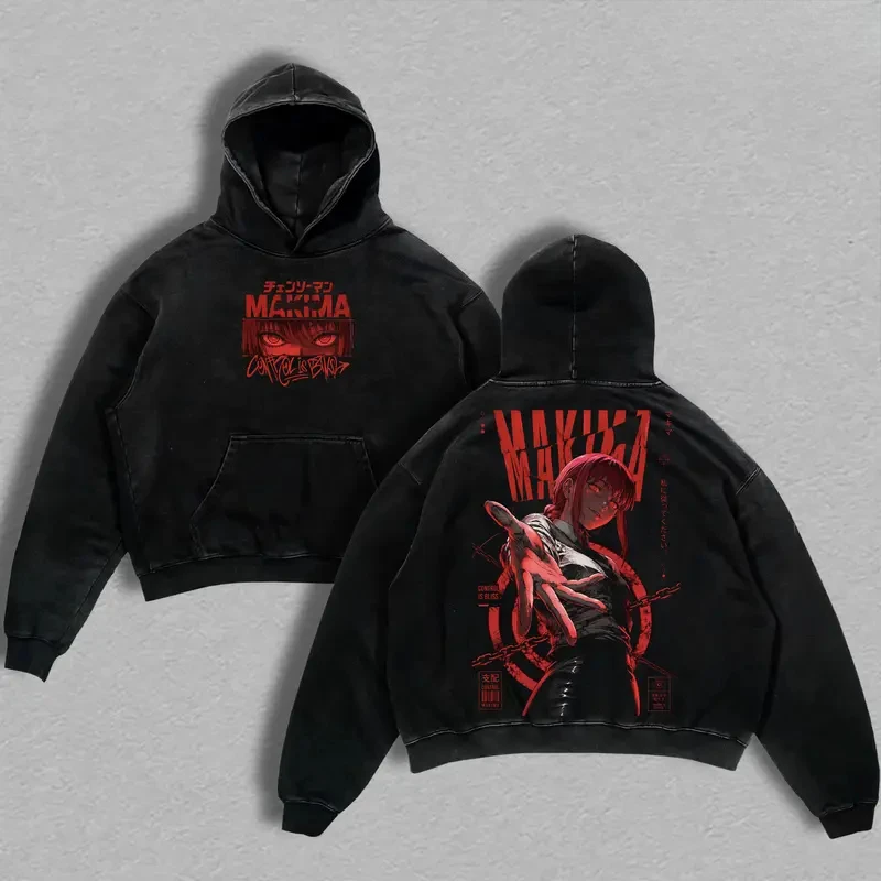 Makima Graphic Clothing Chainsaw Man Anime Hooded Men Women Vintage Washed Hoodies Oversized Cotton Sweatshirt Male Streetwear