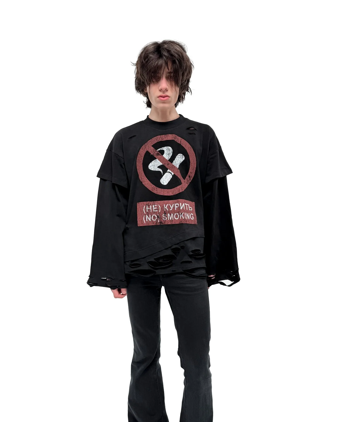 Y2K Gothic Harajuku Hip Hop Punk Long Sleeved Prohibited Cigarette Print Pattern T Shirts Retro Street Wear Loose Ripped Top