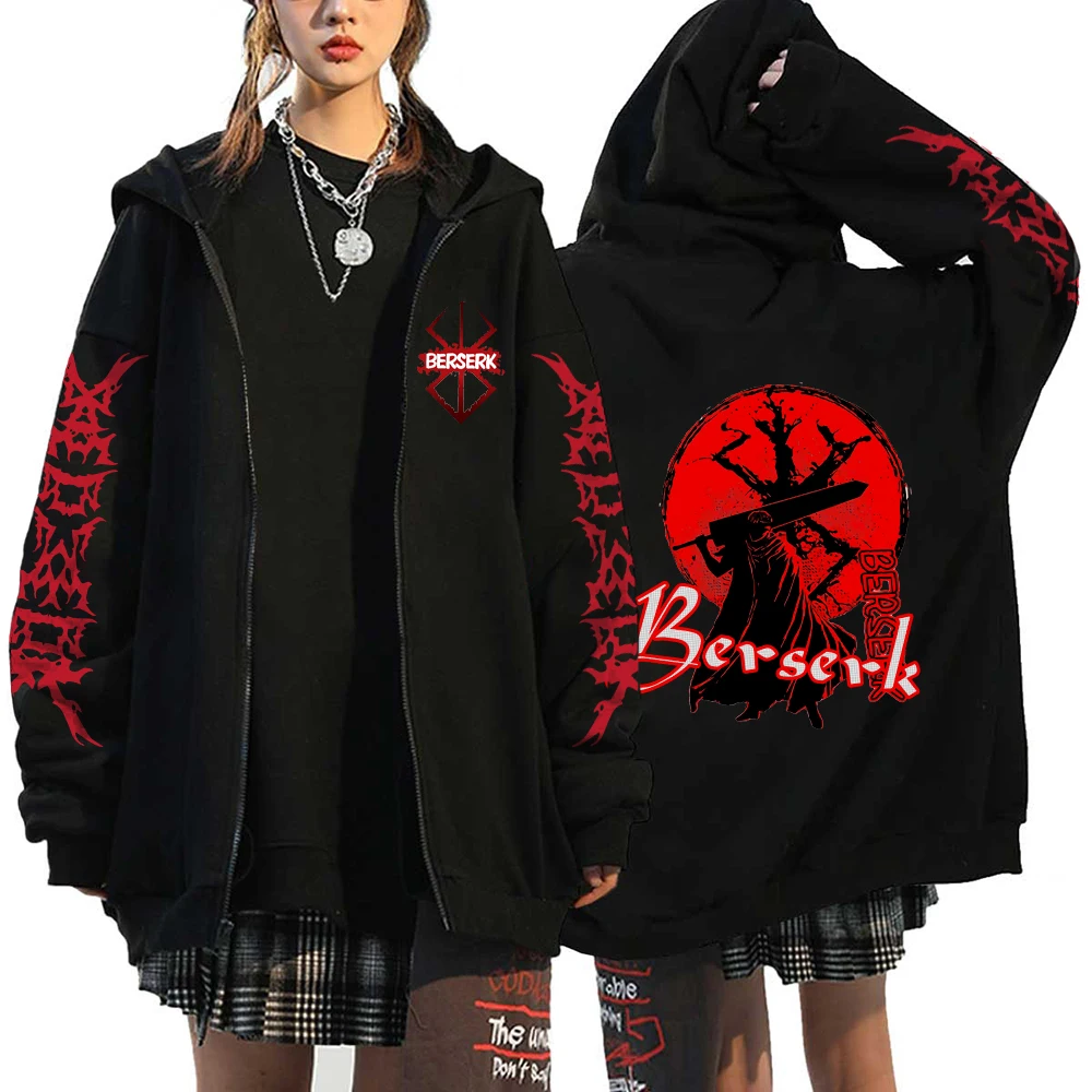 Harajuku Anime Berserk Guts Graphic Print Hooded Men Women Manga Zipper Hoodies Vintage Sweatshirt Unisex Zip Up Jacket