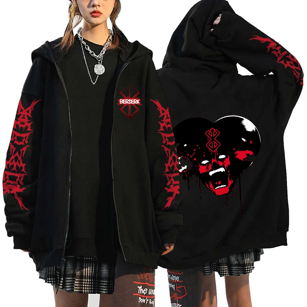 Harajuku Anime Berserk Guts Graphic Print Hooded Men Women Manga Zipper Hoodies Vintage Sweatshirt Unisex Zip Up Jacket