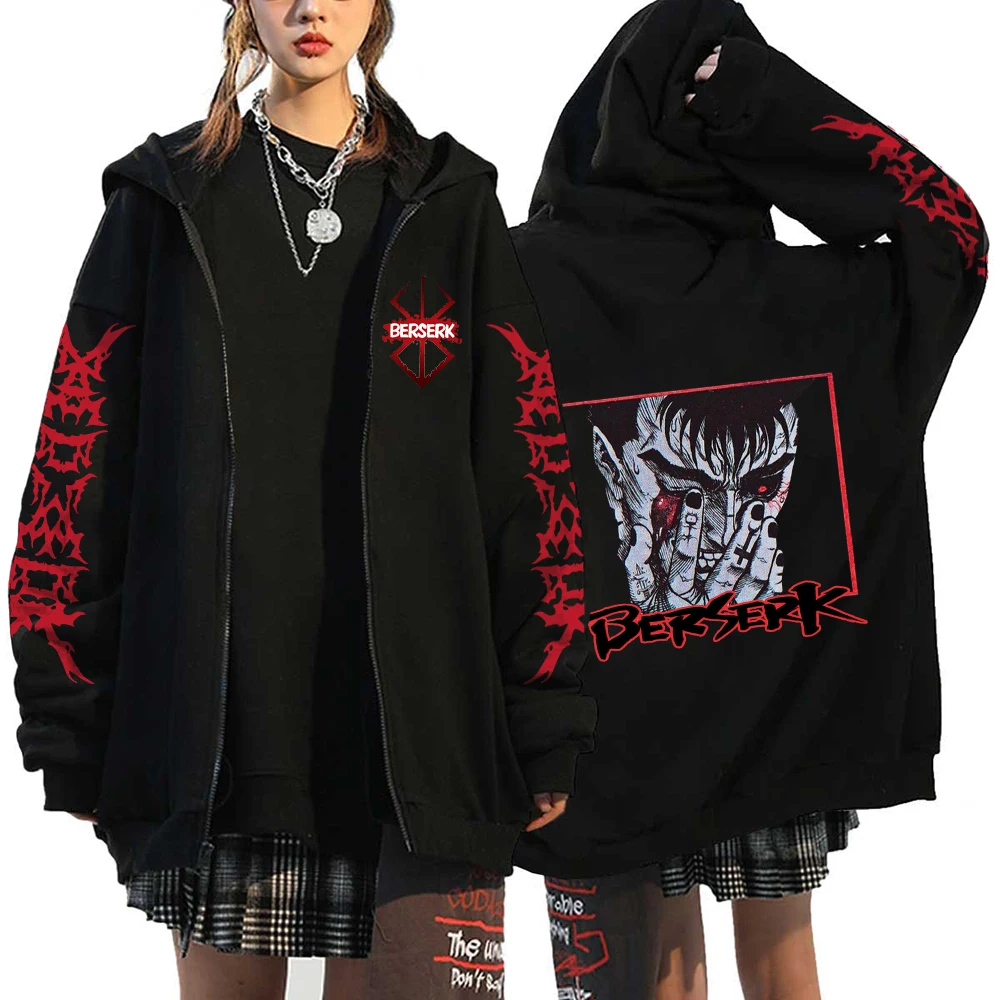 Harajuku Anime Berserk Guts Graphic Print Hooded Men Women Manga Zipper Hoodies Vintage Sweatshirt Unisex Zip Up Jacket