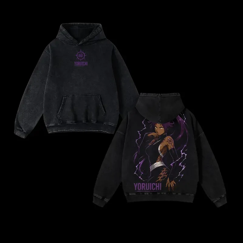 Manga Bleach Shihouin Yoruichi Printed Hooded Men Women Washed Cotton Hoodie Retro Streetwear Unisex Casual Oversized Sweatshirt