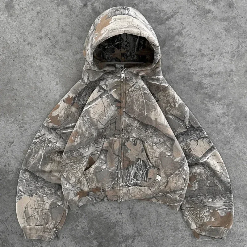 Vintage Zip Up Hoodie Men Camouflage Pattern Zipper Sweatshirt High Street Hip Hop Y2K Streetwear Oversized Unisex Camo Hoodie