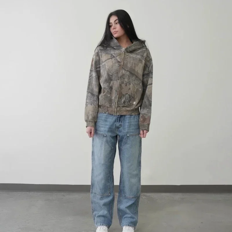 Vintage Zip Up Hoodie Men Camouflage Pattern Zipper Sweatshirt High Street Hip Hop Y2K Streetwear Oversized Unisex Camo Hoodie