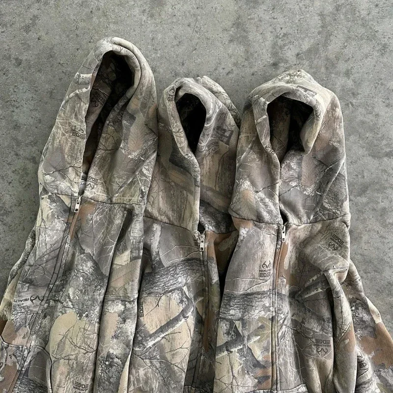 Vintage Zip Up Hoodie Men Camouflage Pattern Zipper Sweatshirt High Street Hip Hop Y2K Streetwear Oversized Unisex Camo Hoodie