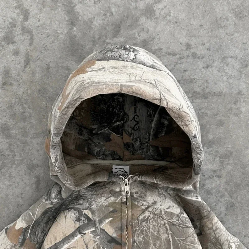 Vintage Zip Up Hoodie Men Camouflage Pattern Zipper Sweatshirt High Street Hip Hop Y2K Streetwear Oversized Unisex Camo Hoodie