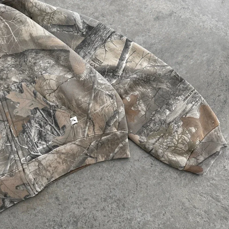 Vintage Zip Up Hoodie Men Camouflage Pattern Zipper Sweatshirt High Street Hip Hop Y2K Streetwear Oversized Unisex Camo Hoodie