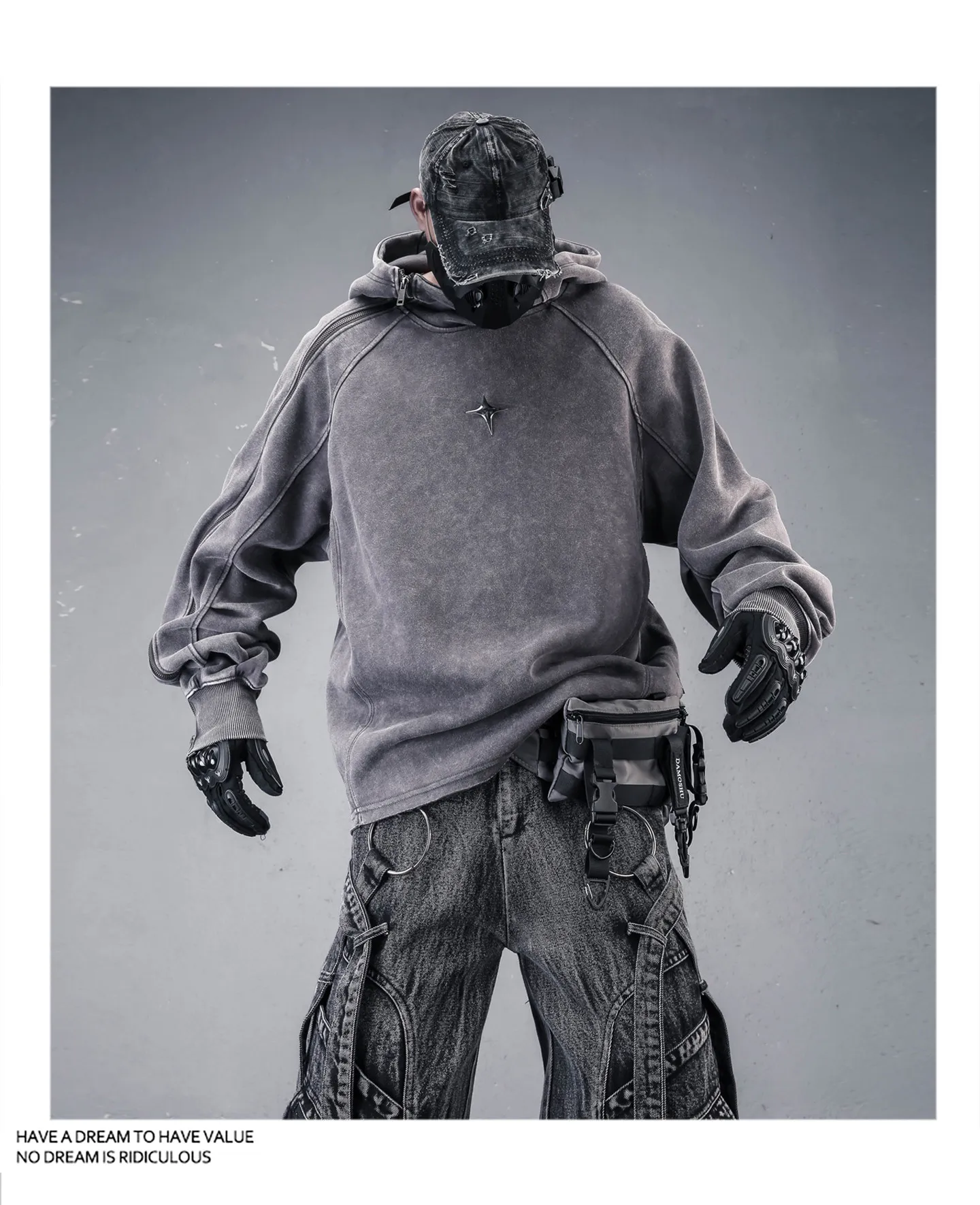 Wasteland Style Washed Distressed Techwear Hoodie Man Woman Punk Vintage Zip Up Sleeve Pullover Sweatshirt