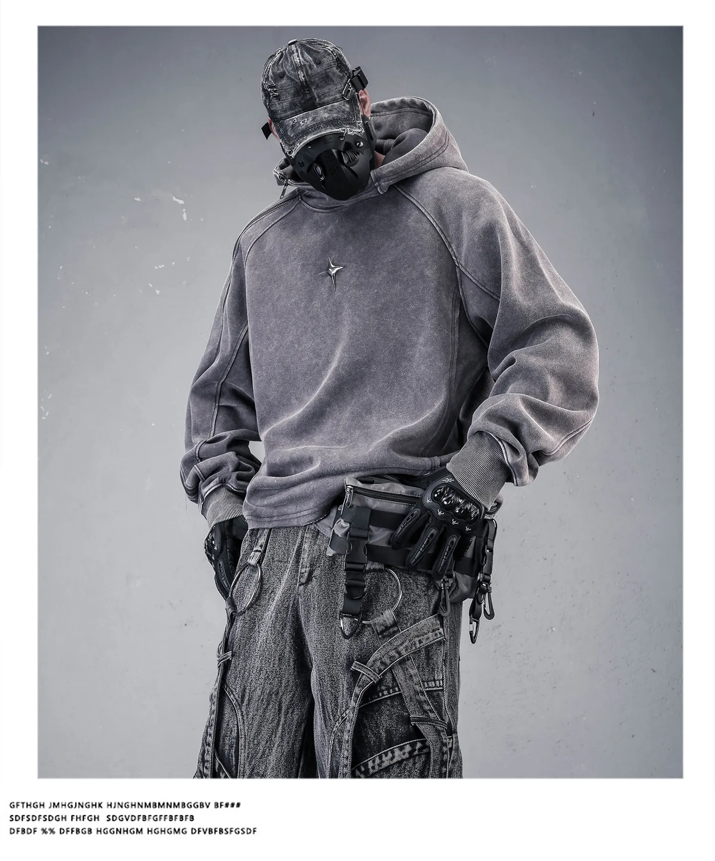 Wasteland Style Washed Distressed Techwear Hoodie Man Woman Punk Vintage Zip Up Sleeve Pullover Sweatshirt
