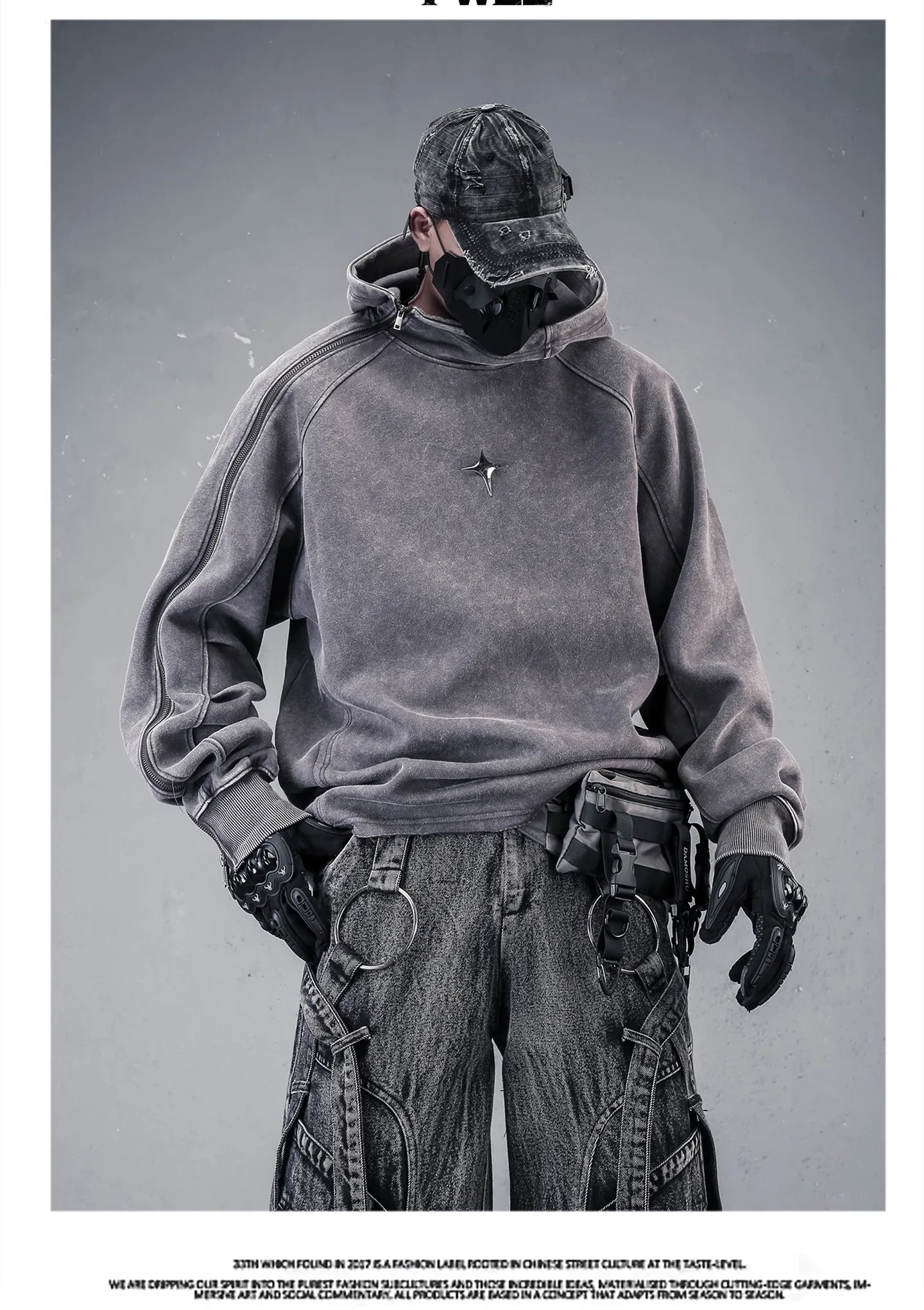 Wasteland Style Washed Distressed Techwear Hoodie Man Woman Punk Vintage Zip Up Sleeve Pullover Sweatshirt