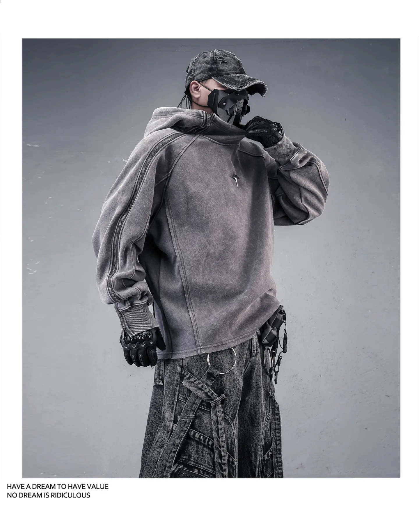 Wasteland Style Washed Distressed Techwear Hoodie Man Woman Punk Vintage Zip Up Sleeve Pullover Sweatshirt