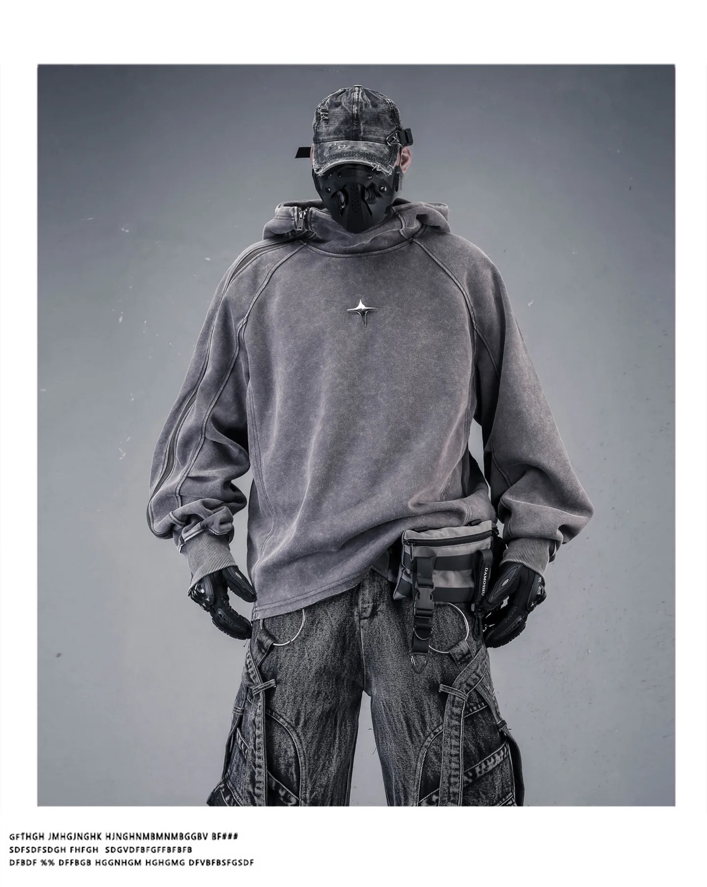 Wasteland Style Washed Distressed Techwear Hoodie Man Woman Punk Vintage Zip Up Sleeve Pullover Sweatshirt