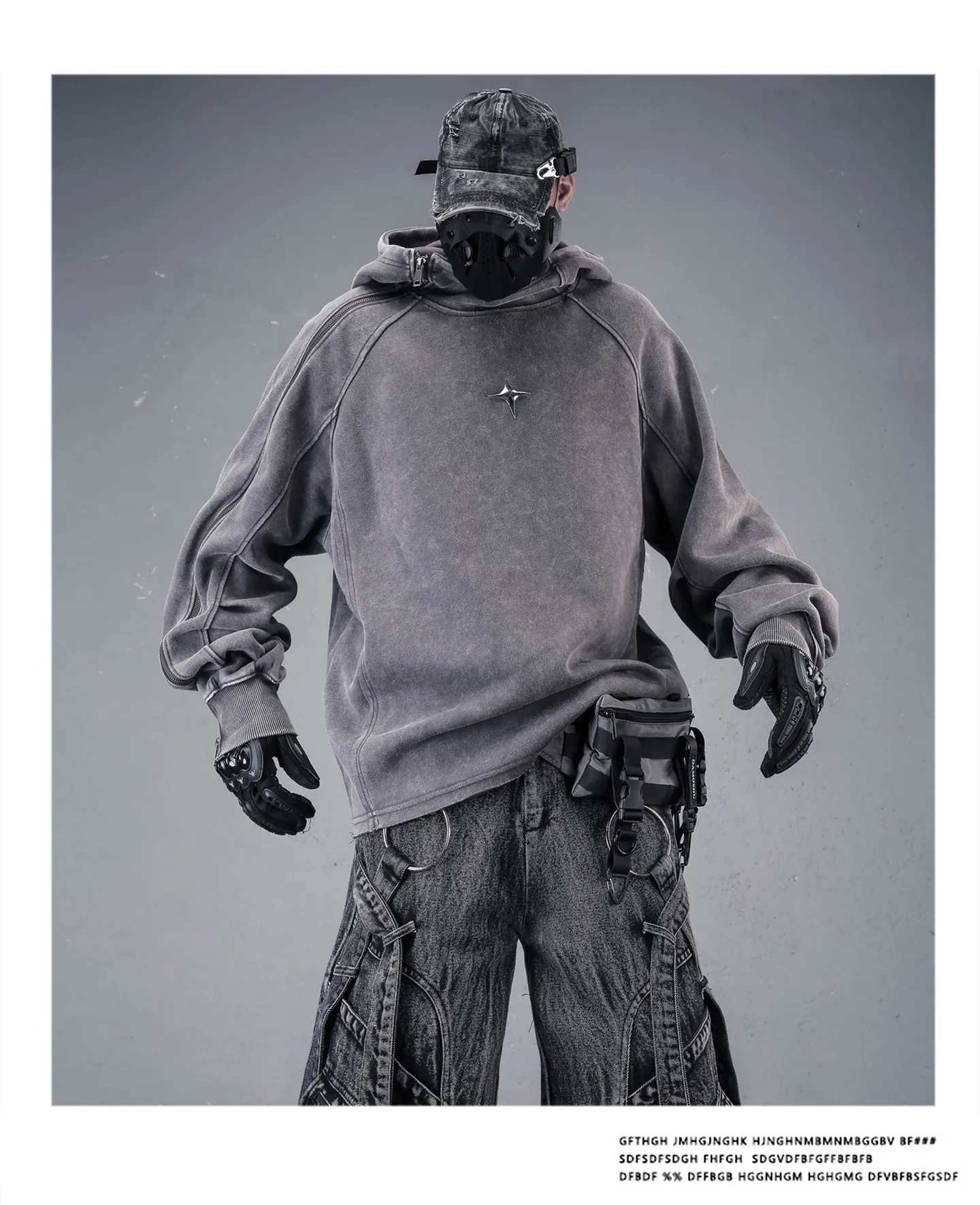 Wasteland Style Washed Distressed Techwear Hoodie Man Woman Punk Vintage Zip Up Sleeve Pullover Sweatshirt