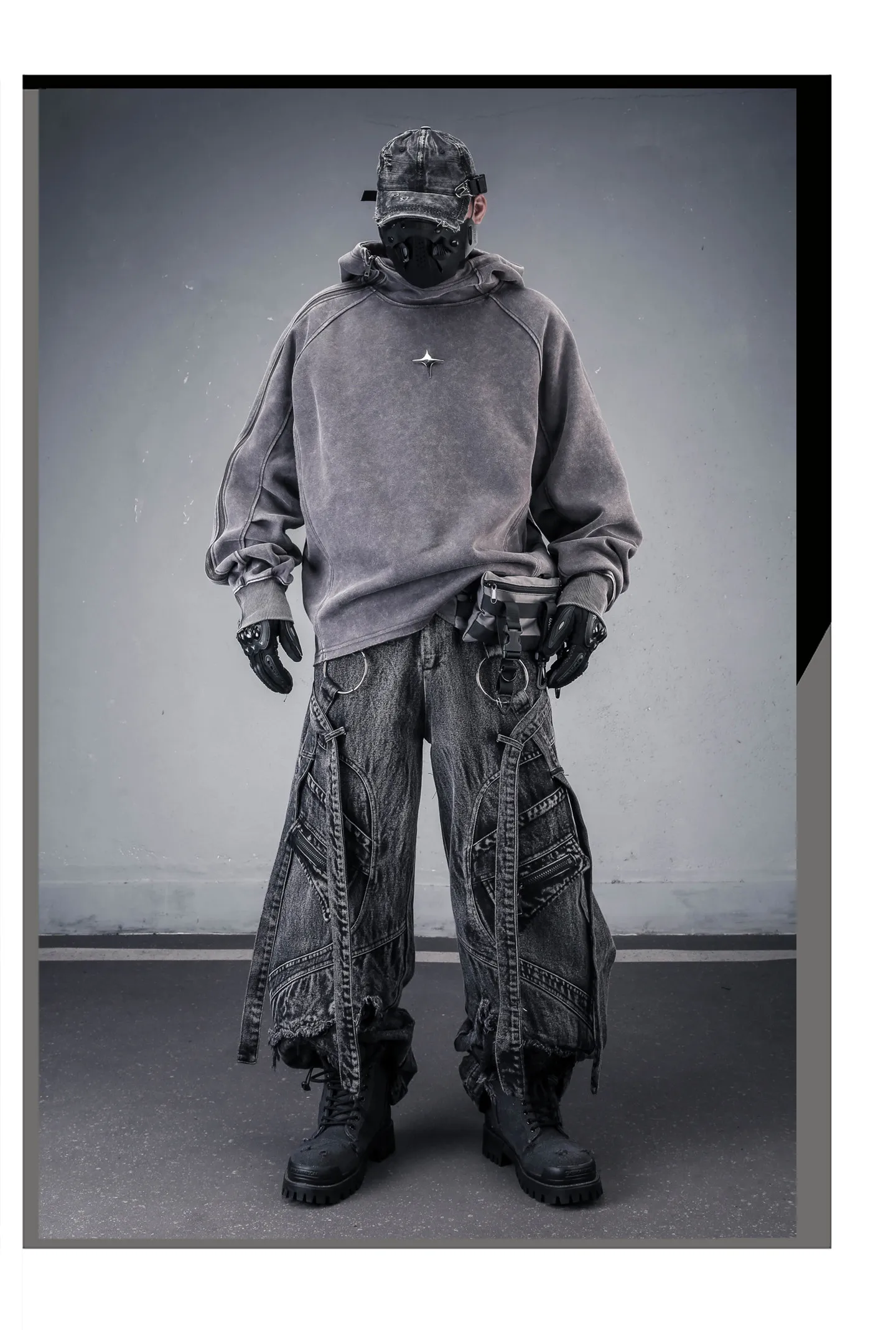 Wasteland Style Washed Distressed Techwear Hoodie Man Woman Punk Vintage Zip Up Sleeve Pullover Sweatshirt