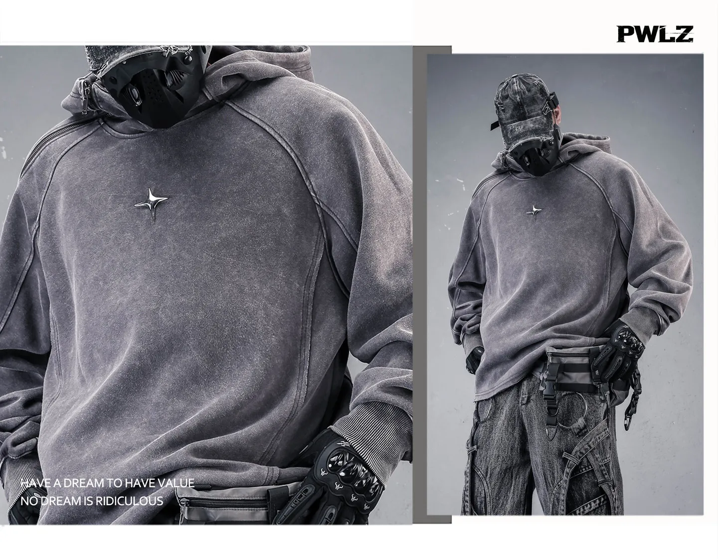 Wasteland Style Washed Distressed Techwear Hoodie Man Woman Punk Vintage Zip Up Sleeve Pullover Sweatshirt