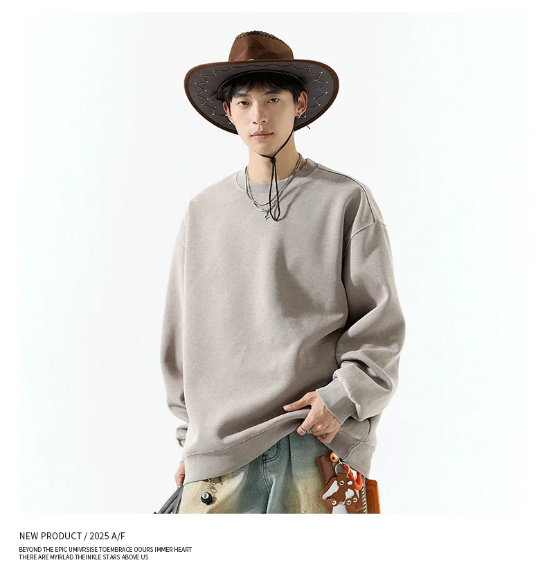 DUKEEN 400G Heavyweight Sweatshirt for Men 2025 Autumn Vintasge Style Washed-Out Solid Color Pullover Casual Men's Clothing